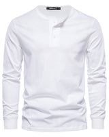 Close-up of the three-button Henley neckline on a long sleeve T-shirt