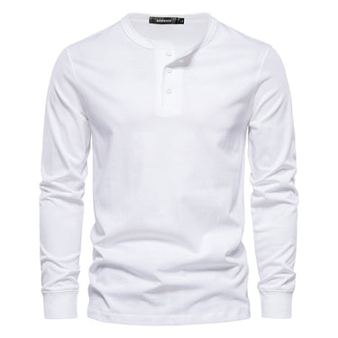 Close-up of the three-button Henley neckline on a long sleeve T-shirt