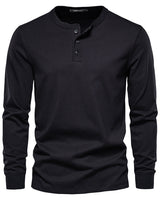Side view of men's long sleeve Henley T-shirt with straight hem