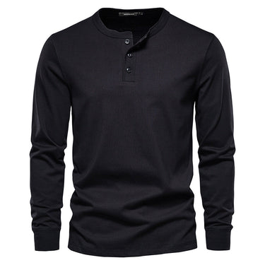 Side view of men's long sleeve Henley T-shirt with straight hem