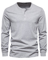 Back view of men's long sleeve Henley T-shirt