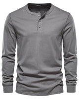Close-up of fitted cuffs on a men's long sleeve Henley T-shirt