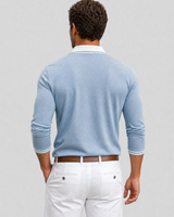 Side view of men's long sleeve polo shirt showing straight fit silhouette