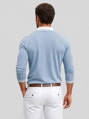 Side view of men's long sleeve polo shirt showing straight fit silhouette