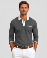 Chest pocket detail on men's long sleeve polo shirt