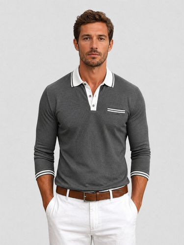 Chest pocket detail on men's long sleeve polo shirt