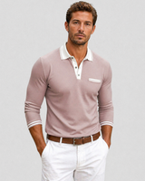 Model wearing men's long sleeve polo shirt in a smart casual setting