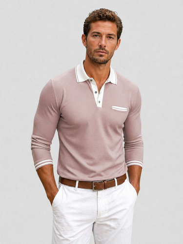 Model wearing men's long sleeve polo shirt in a smart casual setting
