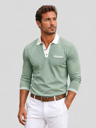 Close-up of cuff and sleeve detail on men's long sleeve polo shirt