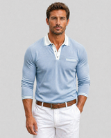 Front view of men's long sleeve polo shirt with contrast collar and button placket