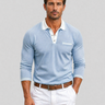 Front view of men's long sleeve polo shirt with contrast collar and button placket