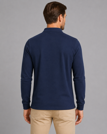 Men's long sleeve polo shirt showing ribbed cuffs and side vents, side view