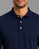 Men's long sleeve polo shirt worn with chinos, three-quarter view