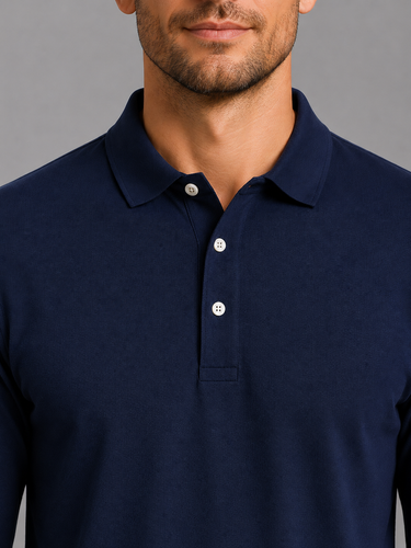 Men's long sleeve polo shirt worn with chinos, three-quarter view