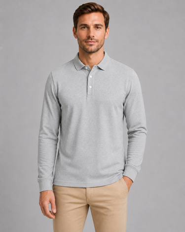 Men's long sleeve polo shirt back view showing side vents and hem