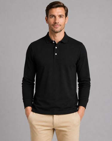 Men's long sleeve polo shirt close-up of button placket and collar