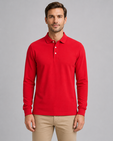 Men's long sleeve polo shirt full-length front view on model