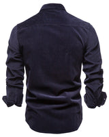 Close-up of full button-front and collar on men's casual shirt