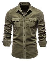 Front view of men's long sleeve button-up shirt with classic collar and chest pockets