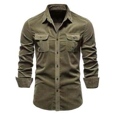 Front view of men's long sleeve button-up shirt with classic collar and chest pockets