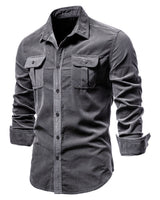 Side view of men's button-front shirt showing silhouette and fit