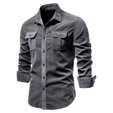 Side view of men's button-front shirt showing silhouette and fit