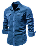 Back view of men's long sleeve woven shirt with classic collar