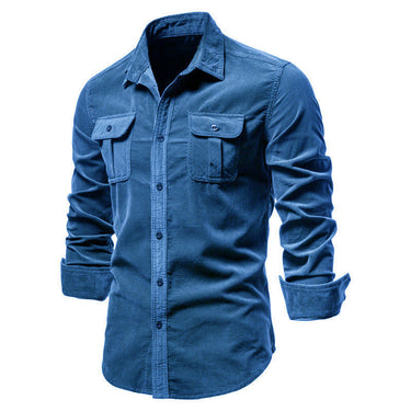 Back view of men's long sleeve woven shirt with classic collar