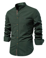 Close-up of the mandarin collar on a men's button-up shirt
