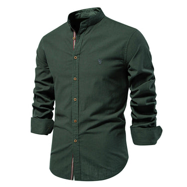Close-up of the mandarin collar on a men's button-up shirt