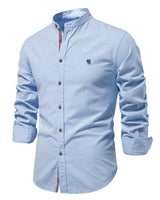 Men's long sleeve button-up shirt with mandarin collar and contrast placket trim