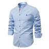Men's long sleeve button-up shirt with mandarin collar and contrast placket trim