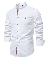 Front view of a men's mandarin collar shirt with full button closure