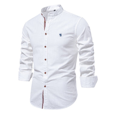 Front view of a men's mandarin collar shirt with full button closure