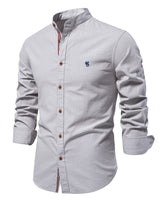 Embroidered chest detail on a men's long sleeve button-up shirt
