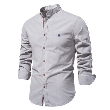 Embroidered chest detail on a men's long sleeve button-up shirt