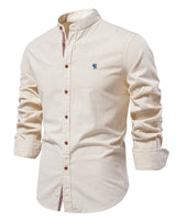 Side view of a men's mandarin collar shirt with long sleeves