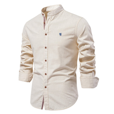 Side view of a men's mandarin collar shirt with long sleeves