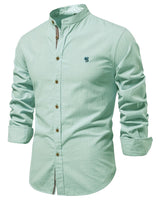 Back view of a men's long sleeve button-up shirt with mandarin collar