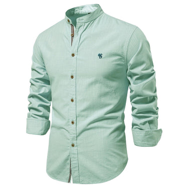Back view of a men's long sleeve button-up shirt with mandarin collar