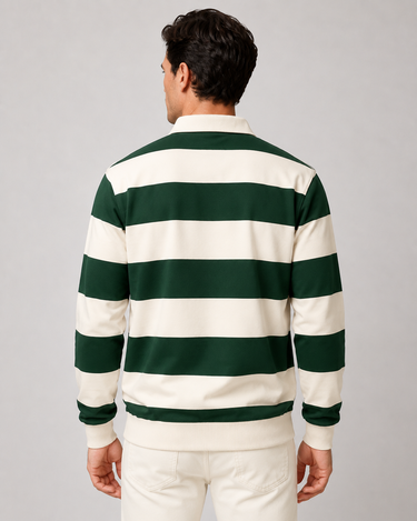 Men's striped polo shirt showing ribbed cuffs and button placket detail