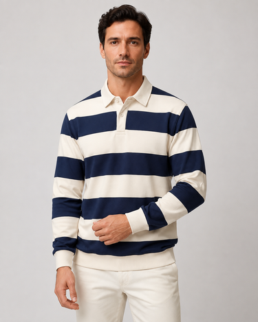 Detail shot of ribbed cuff on men's striped long sleeve polo shirt