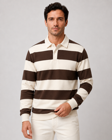Men's long sleeve polo shirt styled casually, full-length view