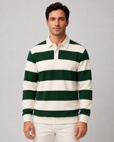 Men's long sleeve polo shirt with horizontal contrast stripes and polo collar, front view