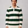 Men's long sleeve polo shirt with horizontal contrast stripes and polo collar, front view