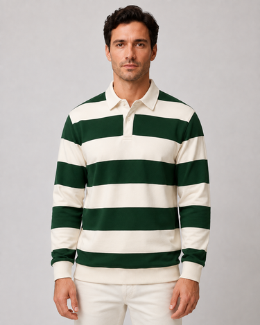 Men's long sleeve polo shirt with horizontal contrast stripes and polo collar, front view
