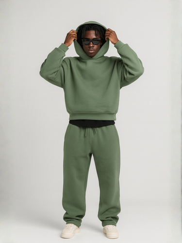 Model wearing the full two-piece set in a casual urban setting