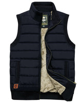 Front view of men's padded gilet with full-length zip fastened and high ribbed collar