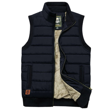 Front view of men's padded gilet with full-length zip fastened and high ribbed collar
