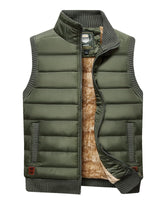 Side view showing sleeveless cut and ribbed hem of the men's padded gilet